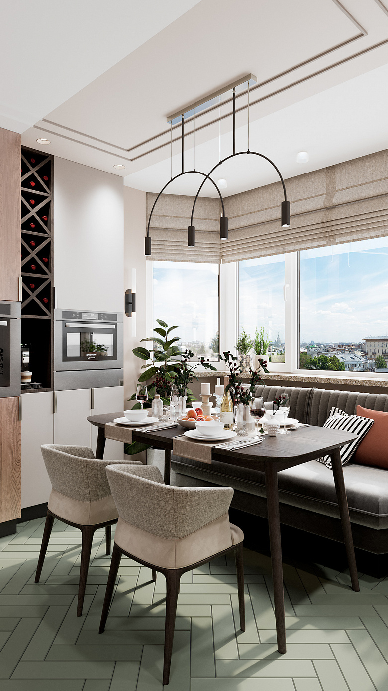 фото:Главным условием кухни-гостиной было наличие дивана, но т.к. гостиная часть совмещена со столовой было принято поставить диван вдоль обеденного стола. Диван конечно удобен для просмотра телевизора, но главной его функции является спальное место для большого ротвейлера