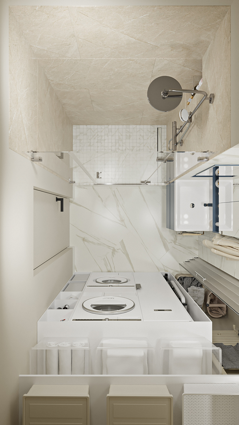 При входе в квартиру нам удалось расположить хозяйственное помещение, где расположили просторную душевую, большую раковину для хозяйственных нужд и постирочный блок фото:При входе в квартиру нам удалось расположить хозяйственное помещение, где расположили просторную душевую, большую раковину для хозяйственных нужд и постирочный блок