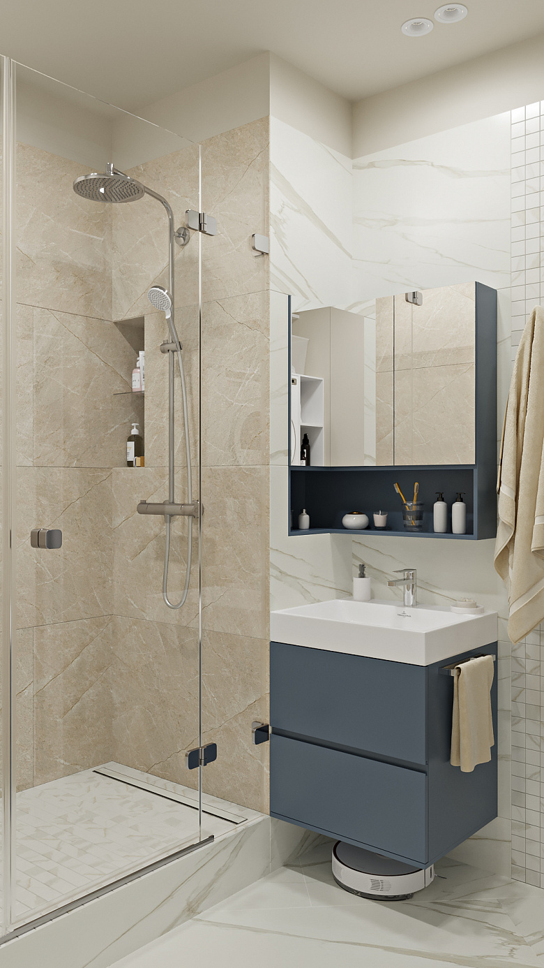 Акцентным предметом мебели в постирочной стала умывальная зона, при этом ее функционал был тщательно продуман. Цвет корпуса синего оттенка подобран на контрасте с основной теплой палитрой пространства. Эти цвета являются дополнительными на цветовом круге, поэтому их сочетание дает яркий контрастный эффект фото:Акцентным предметом мебели в постирочной стала умывальная зона, при этом ее функционал был тщательно продуман. Цвет корпуса синего оттенка подобран на контрасте с основной теплой палитрой пространства. Эти цвета являются дополнительными на цветовом круге, поэтому их сочетание дает яркий контрастный эффект