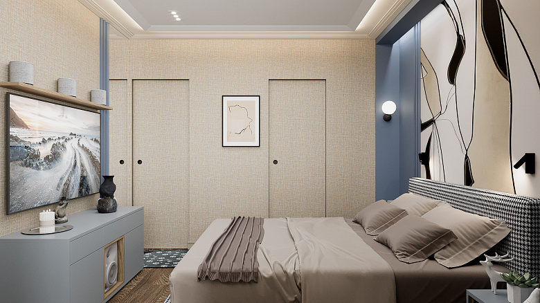 фото:Вы не поверите, но в этой панельной двушке, из мастер спальни можно попасть в личную гардеробную и кладовку. Для экономии пространство осуществили сдвижные полотна в пенал, все скрыли и оклеили обоями под текстиль. Минимум шума, максимум функционала