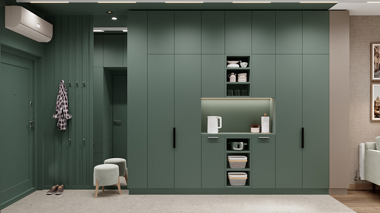 фото:Современная прихожая в тёмно-зелёных тонах. Центральный элемент — вместительный шкаф с открытыми и закрытыми секциями, подсветкой и зонированием для хранения. Вертикальные рейки на стене добавляют ритм, пуф на деревянных ножках создает зону для переобувания. Светлый пол контрастирует с мебелью, встроенное освещение подчёркивает лаконичность. Минималистичные ручки и функциональные крючки завершают образ — уютно и практично