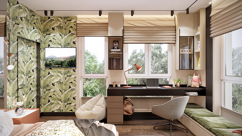 Продолжением письменного стола является мягкая скамья возле окна, которая с одного края заходит под его столешницу. В скамье организовано дополнительное хранение фото:Продолжением письменного стола является мягкая скамья возле окна, которая с одного края заходит под его столешницу. В скамье организовано дополнительное хранение