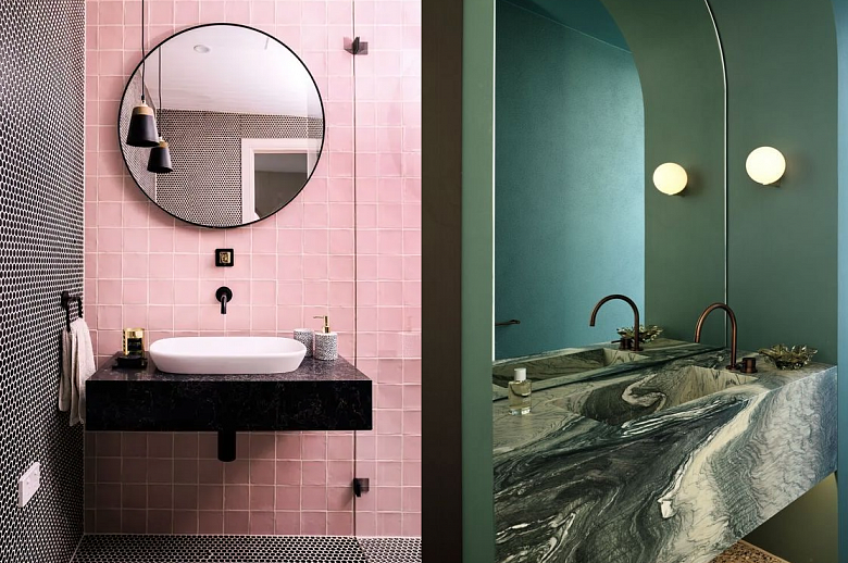 Розовая ванная комната дизайн: 77 фото