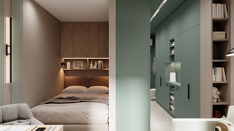 фото:Компактная спальня в современном стиле: кровать с мягким изголовьем, навесной шкаф в приглушенном оттенке дерева с подсветкой и полками для декора. Нейтральная цветовая гамма, лаконичные формы, продуманная система хранения — функционально и уютно