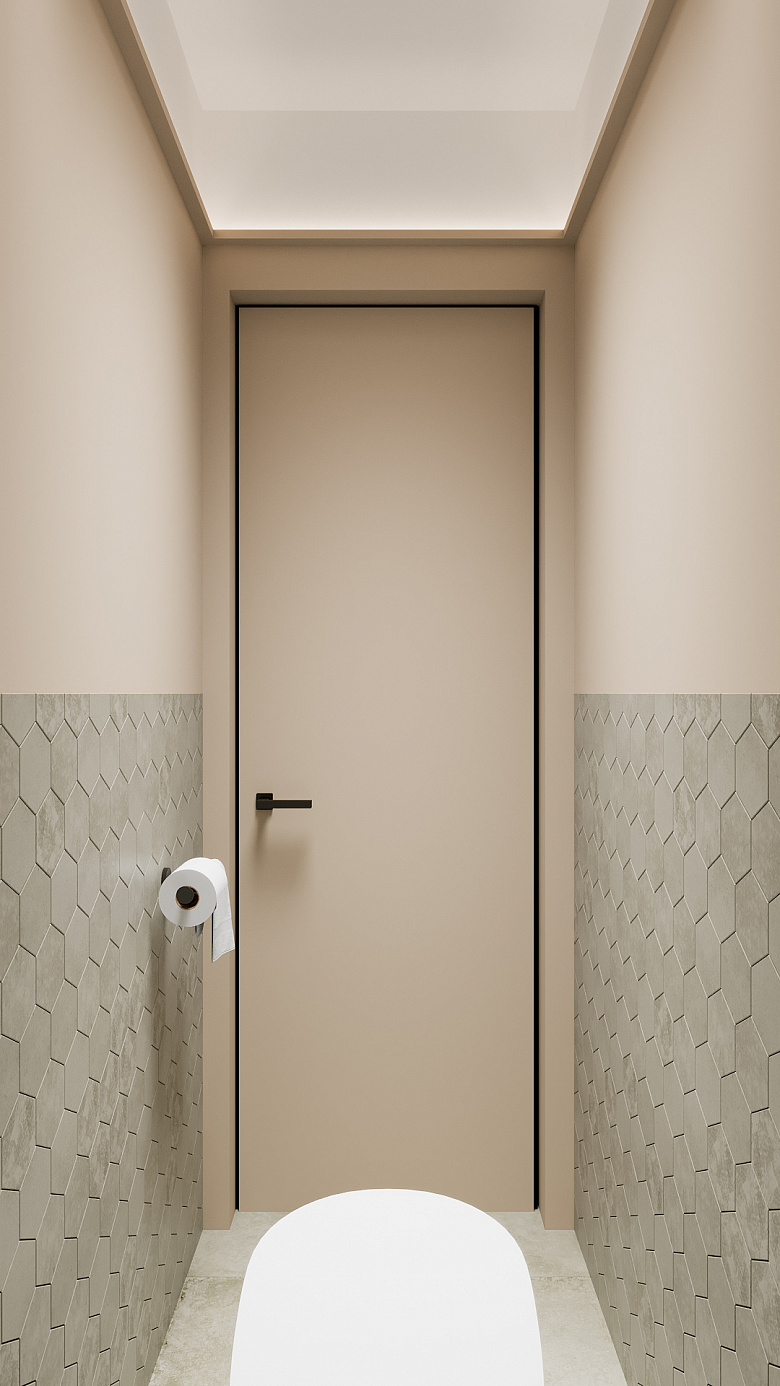 фото:Организовали комфортное пространство, выбрав настенную плитку в малом формате, в форме шестигранника - соразмерная пространству отделка лучше вписывается. Спокойная и теплая палитра расслабляет, а горизонтальная разбивка отделочных материалов дает ощущение камерности