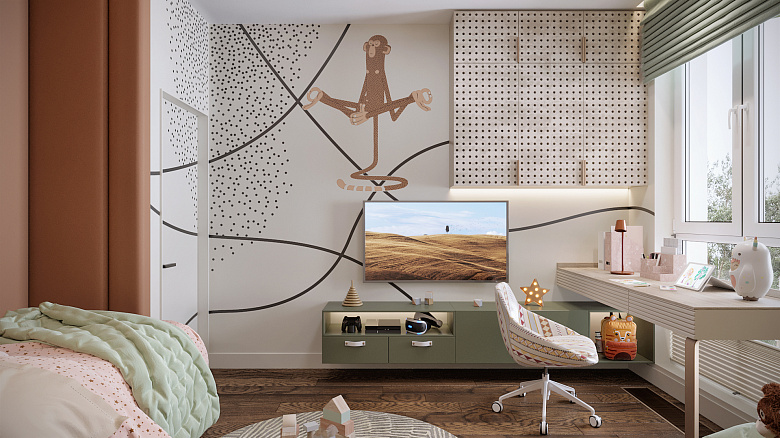 Этот забавный рисунок был подобран специально для маленькой хозяйки этой чудесной комнаты. Он органично вписан в интерьер и расположен на двух стенах, образуя совместно с мебелью оригинальную, живую композицию. Фоном рисунка выступил теплый оттенок белого. В нем присутствует теплый оранжевый цвет, который напрямую перекликается с интерьером комнаты фото:Этот забавный рисунок был подобран специально для маленькой хозяйки этой чудесной комнаты. Он органично вписан в интерьер и расположен на двух стенах, образуя совместно с мебелью оригинальную, живую композицию. Фоном рисунка выступил теплый оттенок белого. В нем присутствует теплый оранжевый цвет, который напрямую перекликается с интерьером комнаты
