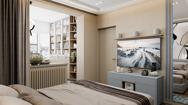 фото:Хоть в этой квартире и есть мини гостиная с диваном и телевизором, но все же комфортнее осуществлять просмотр фильмов лёжа на кровати. Увы и ах, но в реальности это подходит большинству. Для более комфортного просмотра были продуманы по периметру акустические колонки и сабвуфер. Плотные шторы создают правильную геометрию пространству для верного течения звука