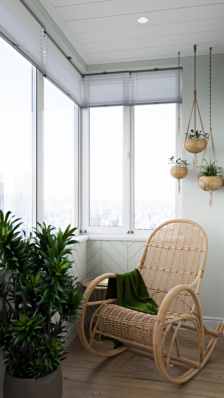 фото:Когда пространство на балконе позволяет поставить кресло качалку - это роскошно. Ведь нет ничего приятнее с утра, чашечка кофе в кресле на свежем воздухе с прекрасным видом из окна.