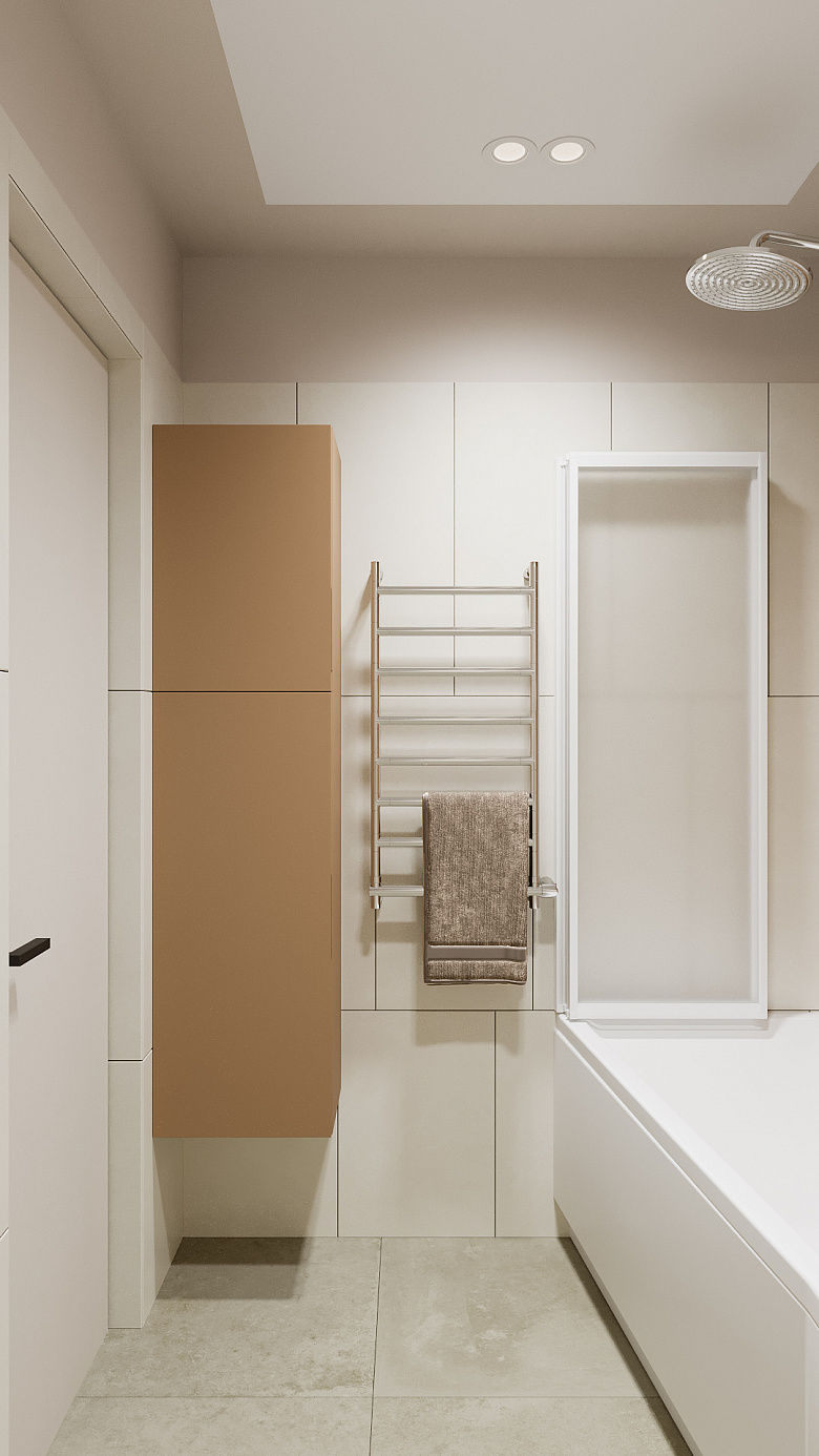 фото:Наличие полотенцесушителя необходимо в мокрых зонах для правильной циркуляции воздуха. Поэтому я очень рада, что нам удалось разместить его в полноценном размере. В углу пространства расположили вместительный пенал для различного хранения. Подвесное расположение пенала добавило пространству немного воздуха