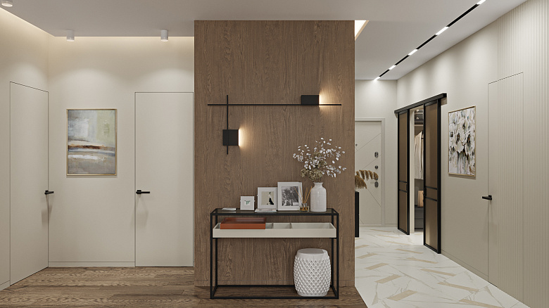 В этой квартире было важно сделать планировочное решение таким образом, чтобы центр пространства был свободным - без стен и мебели. В центре организовали точку притяжения с декором, выполнив иную отделку стен и подчеркнув композицию декоративной подсветкой фото:В этой квартире было важно сделать планировочное решение таким образом, чтобы центр пространства был свободным - без стен и мебели. В центре организовали точку притяжения с декором, выполнив иную отделку стен и подчеркнув композицию декоративной подсветкой