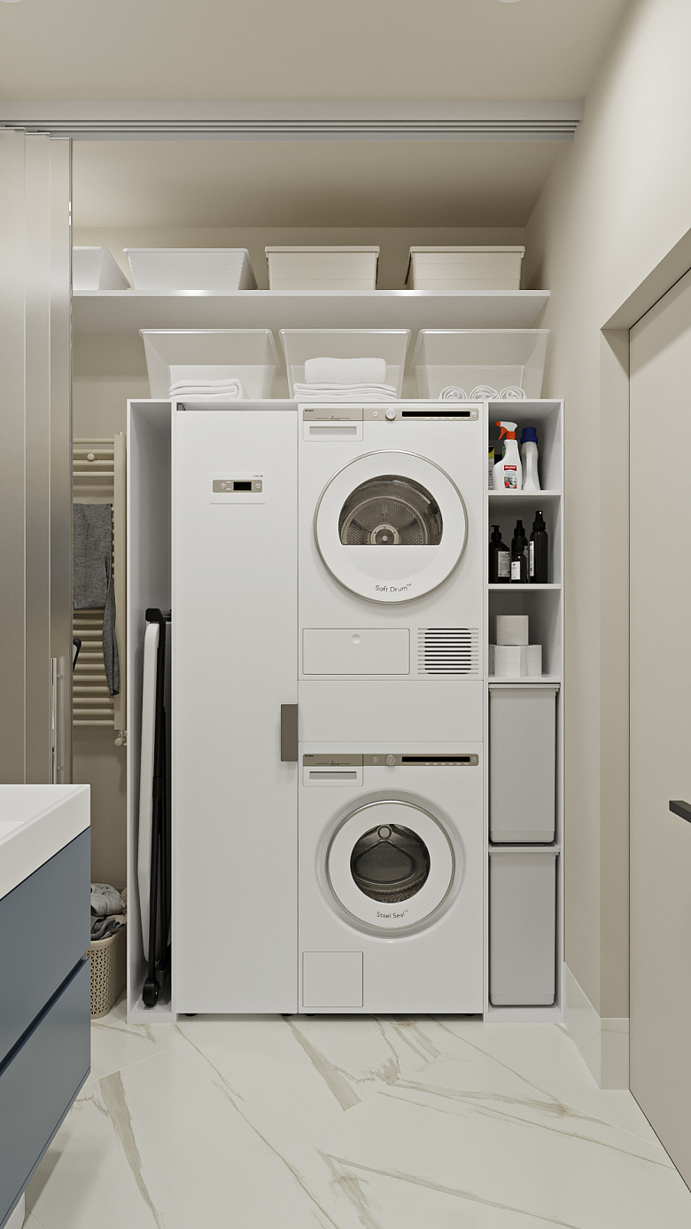 Каждая хозяйка мечтает иметь отдельное, специально оборудованное помещение для стирки, сушки и глажки белья, а также хранения всей необходимой бытовой химии и принадлежностей. Нам удалось в планировочном решении расположить шкаф со всем необходимым в близости с раковиной и душевой фото:Каждая хозяйка мечтает иметь отдельное, специально оборудованное помещение для стирки, сушки и глажки белья, а также хранения всей необходимой бытовой химии и принадлежностей. Нам удалось в планировочном решении расположить шкаф со всем необходимым в близости с раковиной и душевой