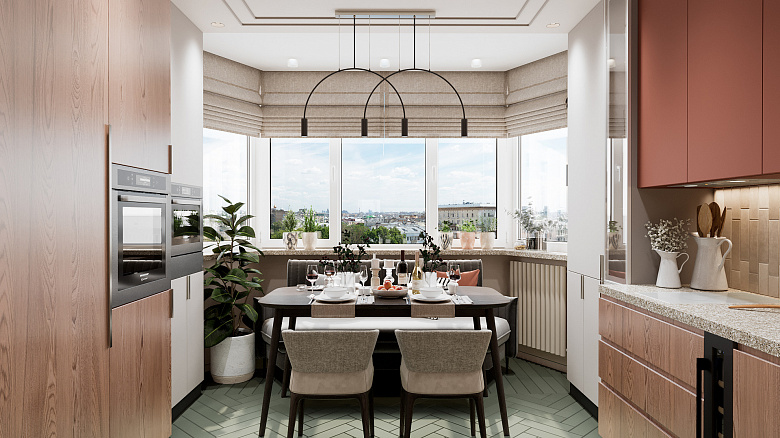 фото:Нам повезло иметь большое эркерное окно в основном пространстве кухни-гостиной. Максимальное количество дневного света и панорамный вид из окна как ни что иное украшает интерьер