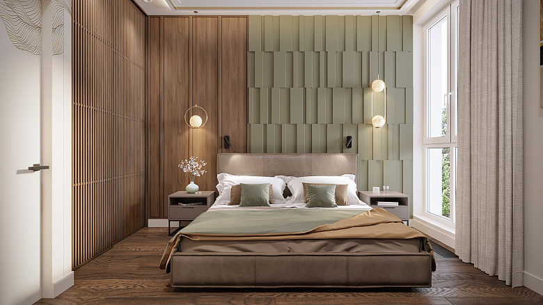 Когда не удается разместить отдельную гардеробную для вещей, приходится организовывать хранение в комнате. Шкафы обычно большие и громоздкие, поэтому, чтобы сэкономить пространство, мы спроектировали нишу для шкафа. Его замаскировали двумя реечными сдвижными полотнами и в той же стилистике отделали часть стены за изголовьем. Таким образом, хранение скрыто от глаз, а интерьер украшен изящной фактурой дерева фото:Когда не удается разместить отдельную гардеробную для вещей, приходится организовывать хранение в комнате. Шкафы обычно большие и громоздкие, поэтому, чтобы сэкономить пространство, мы спроектировали нишу для шкафа. Его замаскировали двумя реечными сдвижными полотнами и в той же стилистике отделали часть стены за изголовьем. Таким образом, хранение скрыто от глаз, а интерьер украшен изящной фактурой дерева