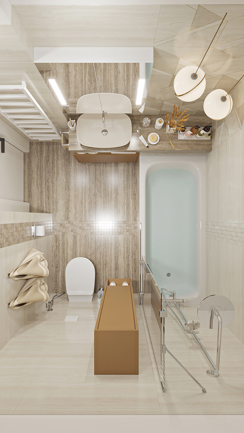 Планировочное решение ванной комнаты позволило нам расположить просторную ванную чашу в размере 1800х800мм. Интересным образом обыграть умывальную зону, исполнив в строительном исполнении широкую столешницу с накладной раковиной. В углу комнаты расположили унитаз и гигиенический душ. Высокий полотенцесушитель нашел свое место при входе. Благодаря продуманному размещению всего необходимого, комната осталась просторной и комфортной фото:Планировочное решение ванной комнаты позволило нам расположить просторную ванную чашу в размере 1800х800мм. Интересным образом обыграть умывальную зону, исполнив в строительном исполнении широкую столешницу с накладной раковиной. В углу комнаты расположили унитаз и гигиенический душ. Высокий полотенцесушитель нашел свое место при входе. Благодаря продуманному размещению всего необходимого, комната осталась просторной и комфортной