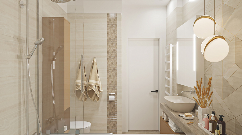 Основная ванная комната предназначена для общего пользования всеми членами семьи. При этом в квартире есть также гостевой санузел и постирочная комната с душевой фото:Основная ванная комната предназначена для общего пользования всеми членами семьи. При этом в квартире есть также гостевой санузел и постирочная комната с душевой