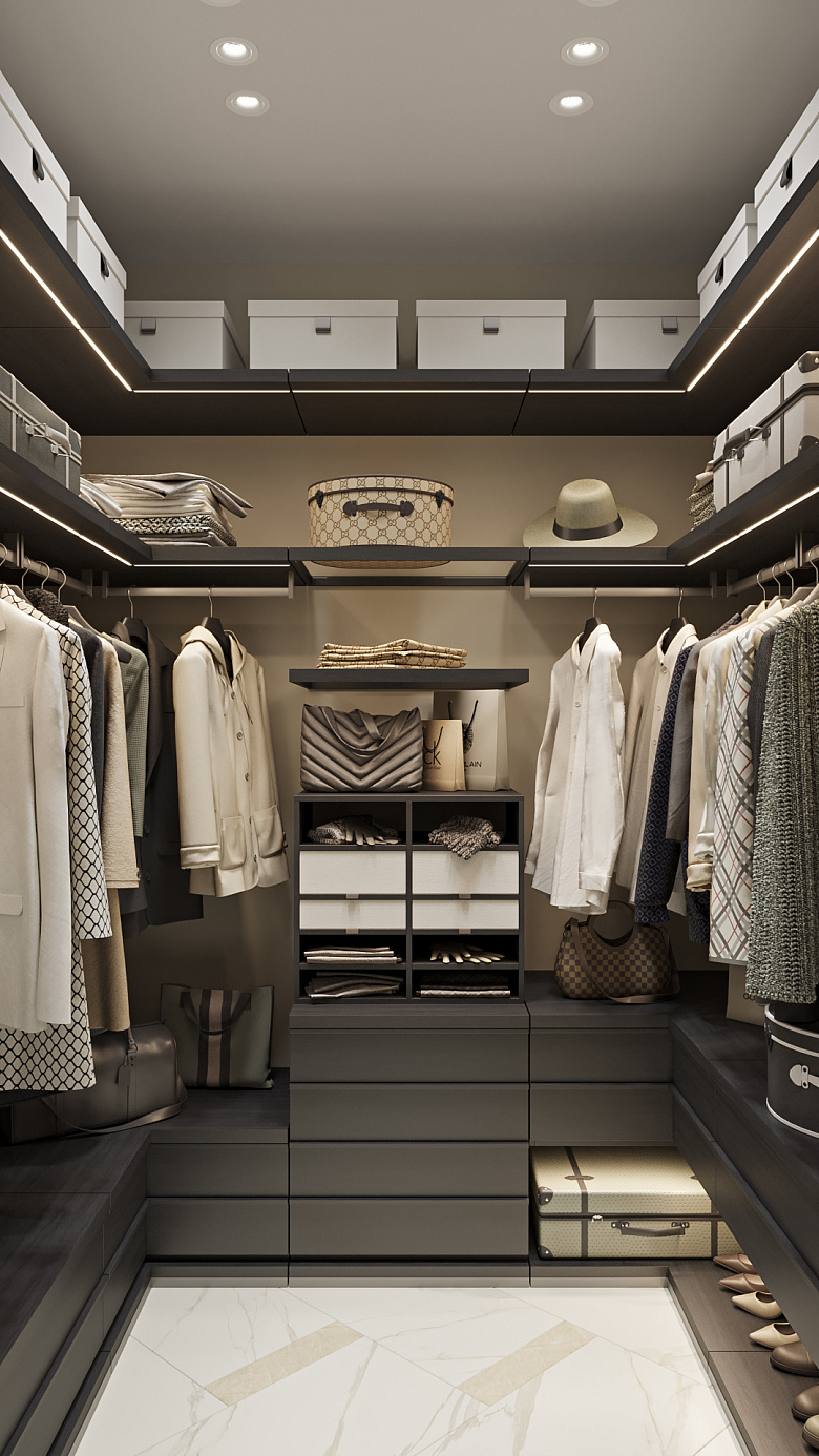 Гардеробная, спроектированная вдоль трех стен, обеспечивает максимально удобное размещение для хранения одежды и обуви. Еще один аспект комфорта при использовании гардеробной — доступ к ней: у нас установлены две сдвижные двери. Открыв их, можно увидеть все необходимое, даже не заходя внутрь фото:Гардеробная, спроектированная вдоль трех стен, обеспечивает максимально удобное размещение для хранения одежды и обуви. Еще один аспект комфорта при использовании гардеробной — доступ к ней: у нас установлены две сдвижные двери. Открыв их, можно увидеть все необходимое, даже не заходя внутрь