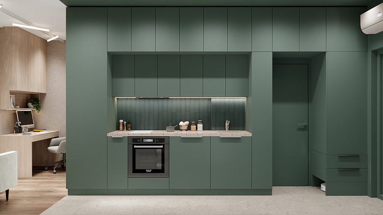 фото:Это современная кухня с лаконичным и сдержанным дизайном. Основной акцент — глубокий зелёный цвет фасадов, который придаёт пространству спокойствие и стиль. Чистые прямые линии и отсутствие лишнего декора подчёркивают минимализм