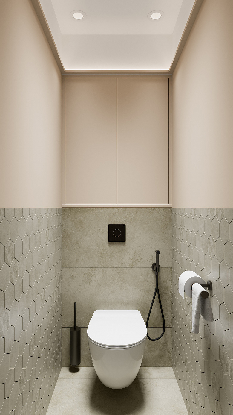 фото:Габариты шкафа для доступа к сантехническим коммуникациями оформлены в виде распашного шкафа, который максимально вписан в интерьер